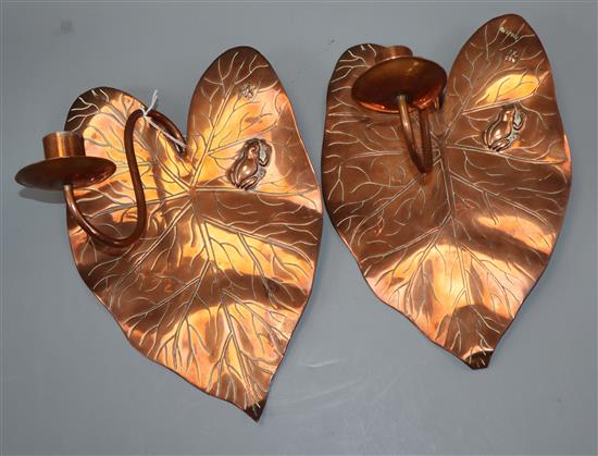 A pair of Arts & Crafts copper frog and lily pad wall lights length 28cm